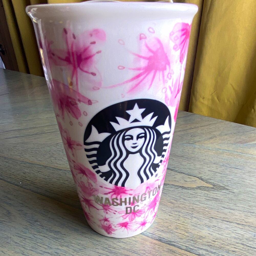 Starbucks Washington DC Pink Floral Travel Tumbler Mug w/ Lid 12 fl oz 355 ml